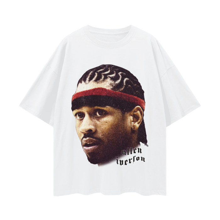 Front view of a white oversized T-shirt featuring a large, detailed graphic of Allen Iverson's face with his signature braided hairstyle and red headband. The design includes the name 'Allen Iverson' written in a stylized font below the image, capturing the iconic look of the basketball legend.