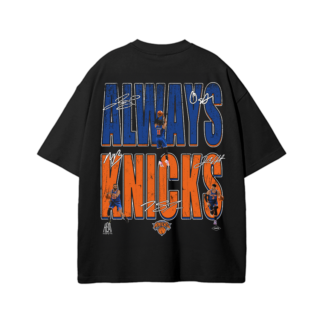 Black heavyweight Knicks basketball t-shirt featuring oversized “Always Knicks” typography with retro basketball player graphics and vintage New York basketball inspired artwork on the back.