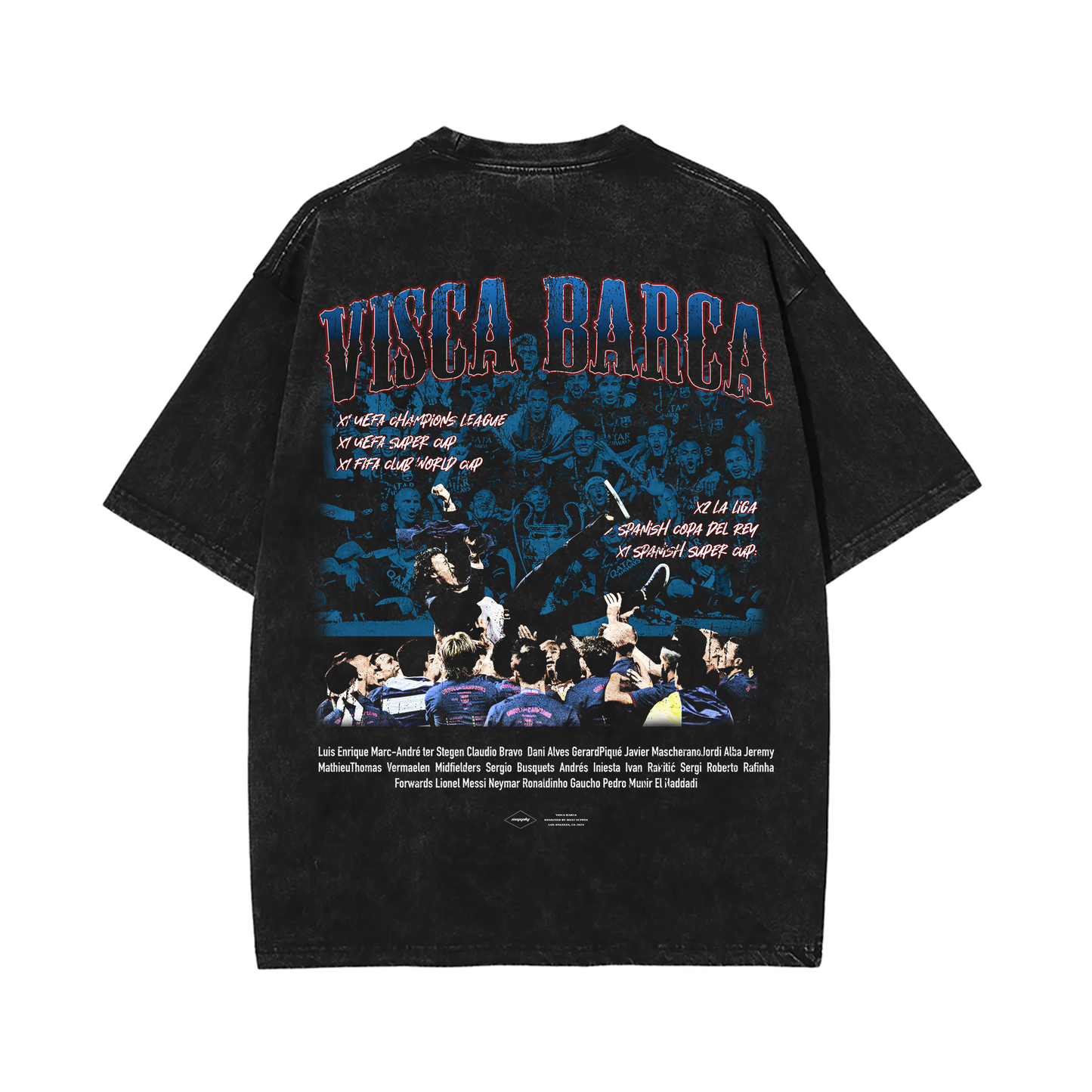 Back view of the Barcelona soccer tee displaying a 'Visca Barca' graphic in bold red and blue text. The background features a crowd celebrating a Barcelona victory, with accolades and achievements listed, including titles like UEFA Champions League and La Liga. The design is printed on an acid-wash black fabric."