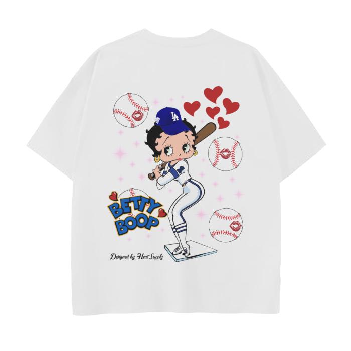 Front view of a white, loose-fitting Betty Boop Dodgers baseball tee featuring Betty Boop in a Dodgers uniform surrounded by baseballs and hearts.