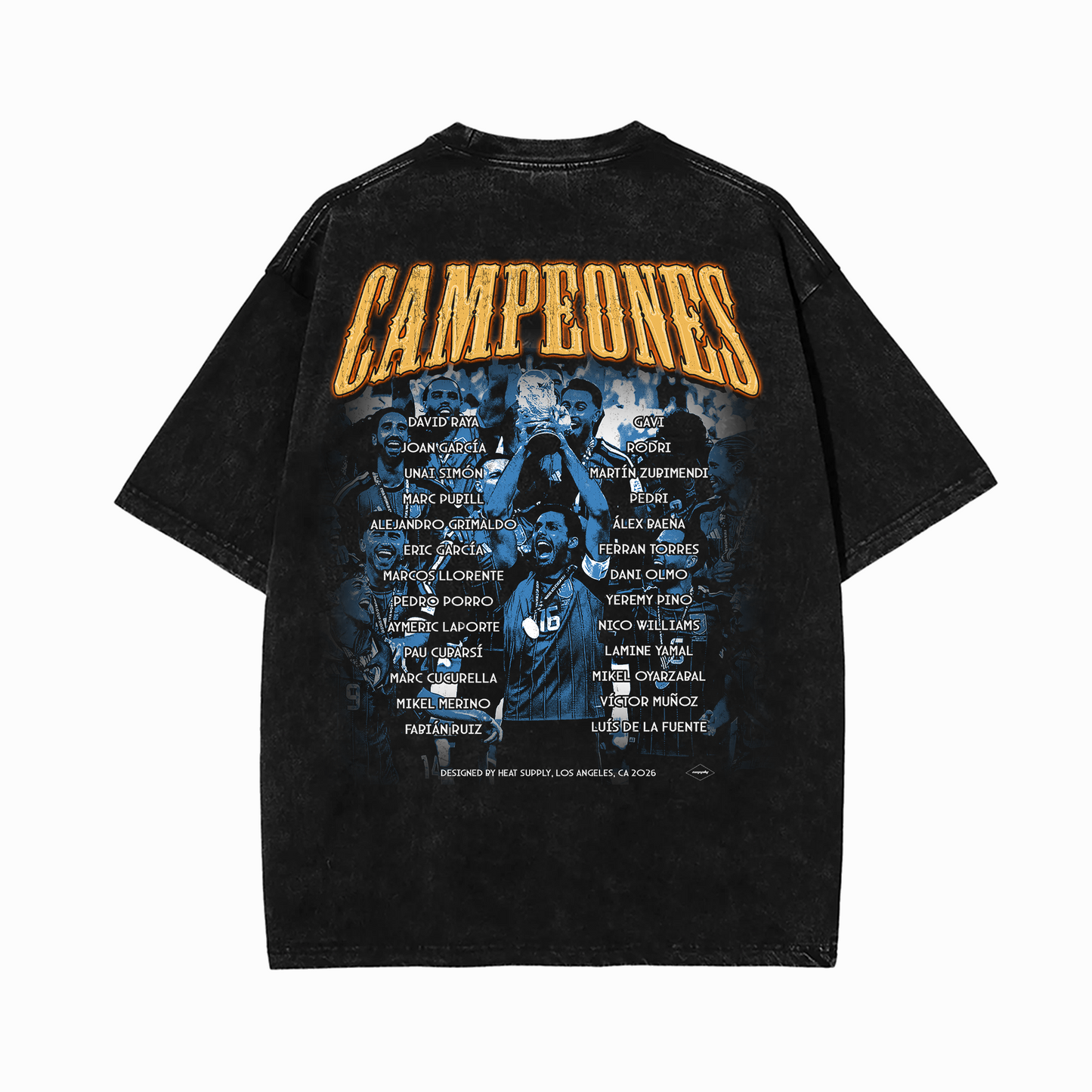 Black vintage-wash heavyweight cotton T-shirt featuring a large "Campeones" graphic across the back with a blue championship celebration collage and the names of Spain's championship squad displayed around the central trophy celebration image, creating a bold commemorative football design.