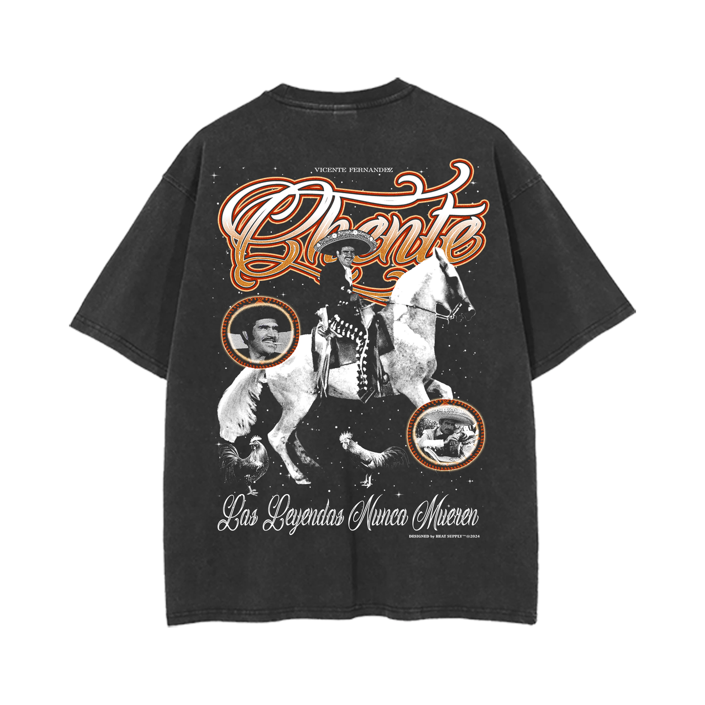 A black vintage-style T-shirt featuring a design of Vicente Fernandez, also known as "Chente," riding a white horse. The text "Chente" is written in orange script above the image, with additional images of Vicente Fernandez in circular frames. The bottom of the shirt reads "Las Leyendas Nunca Mueren," which translates to "Legends Never Die." The T-shirt has a distressed look.