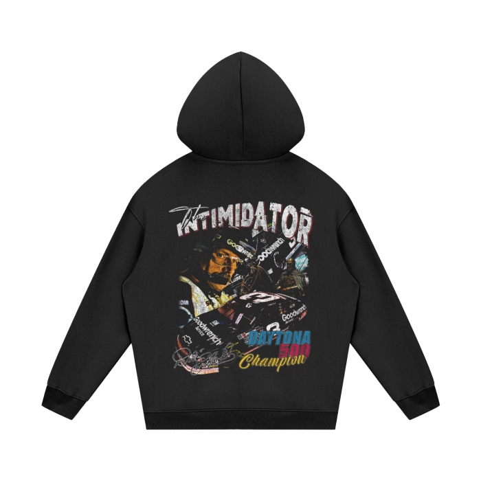 The back of the black hoodie showcases another graphic of Dale Earnhardt, with "Intimidator" in large bold text and a vibrant image of his racing car, emphasizing the iconic Daytona 500 Champion win.