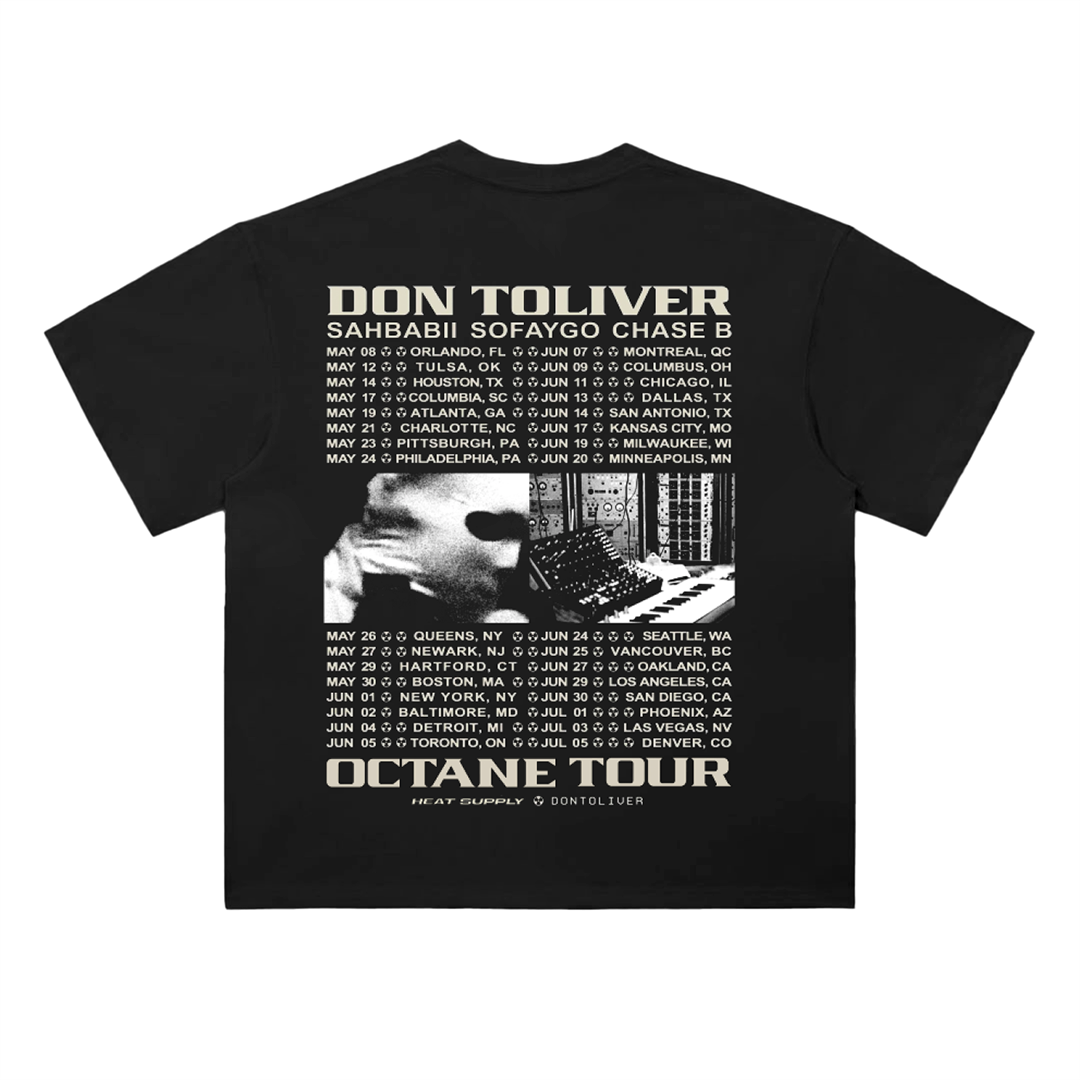 Black oversized drop shoulder T-shirt featuring “Don Toliver Octane Tour” back graphic with tour dates and cities in bold beige lettering, plus a black-and-white studio image printed at the center.