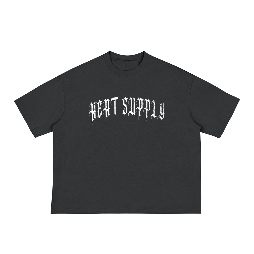 Black unisex t-shirt with a gothic-style white "HEAT SUPPLY" text arched across the chest, displayed flat on a white background.