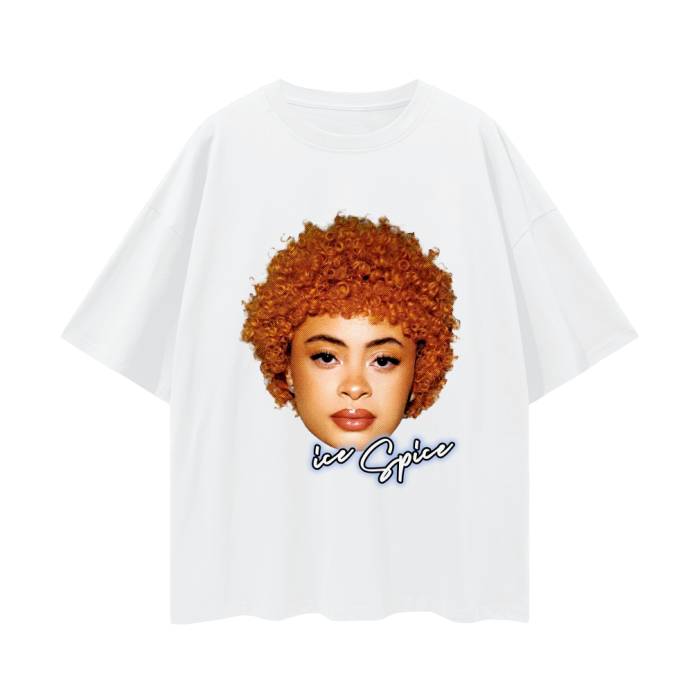 A white oversized t-shirt featuring a high-quality graphic of Ice Spice’s face prominently displayed on the front. The graphic shows her with her signature curly orange hair and a neutral expression. Below her face, the text "ice Spice" is written in a stylish, cursive font in blue with a white outline. The overall design is minimalist, focusing on the central portrait and text