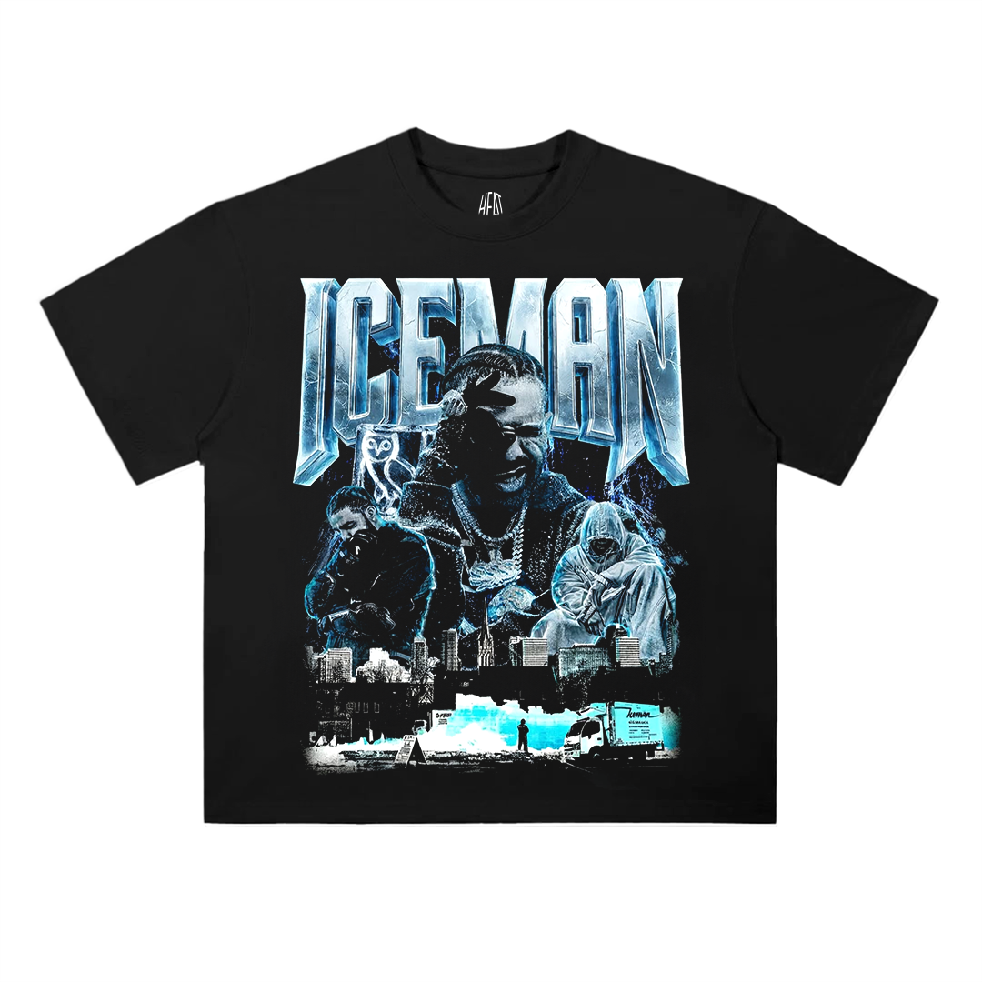 Black oversized cotton drop-shoulder T-shirt featuring a blue-toned “ICEMAN” graphic with a Drake-inspired collage of portraits and urban cityscape elements in an icy, cinematic style.
