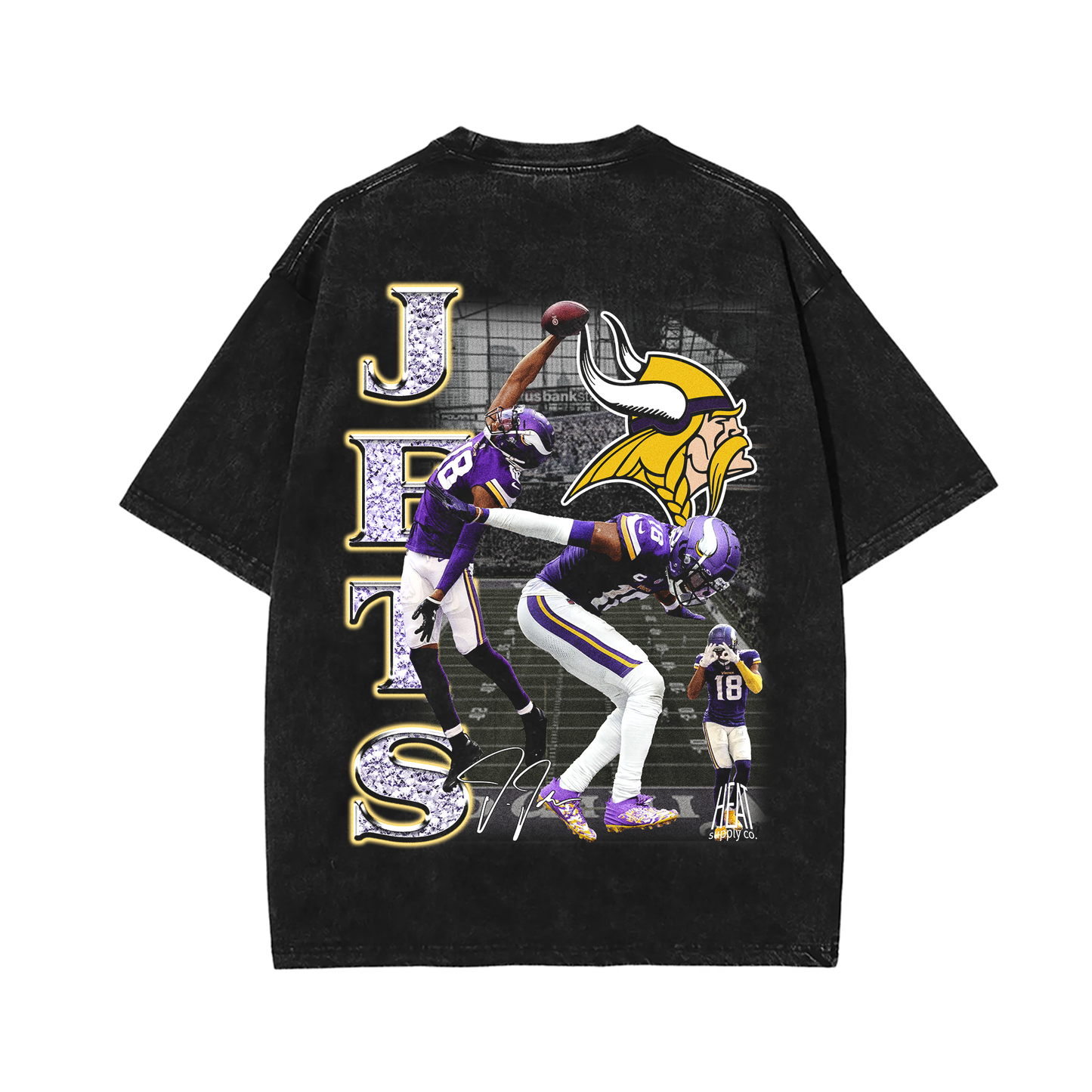 The back of the black oversized t-shirt featuring Justin Jefferson in action, catching a football. The design includes large, stylized letters spelling out "JETS" alongside the Vikings logo, and multiple images of Jefferson making plays.