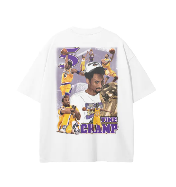 The back of the t-shirt displays a collage of Kobe Bryant moments celebrating his five NBA championships, with the text "5 Time Champ" prominently featured.