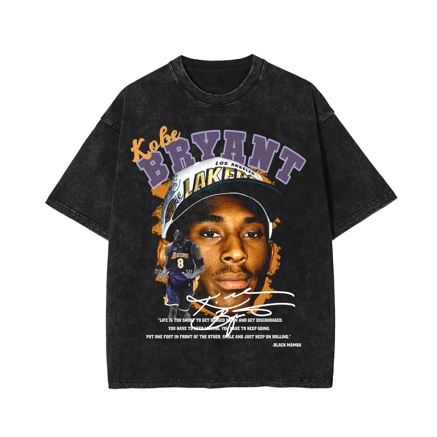 A vintage-style oversized tee featuring a bold graphic of Kobe Bryant during his rookie years with the Los Angeles Lakers. The shirt showcases a large image of Kobe wearing a Lakers cap, with an additional smaller image of him in his #8 jersey. Below the graphic is Kobe's signature and an inspirational quote from him. The shirt is acid-washed black, has a loose, drop-shoulder fit, and is made from 100% cotton. Perfect for basketball fans and collectors.