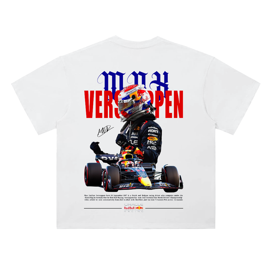 Heavyweight white Max Verstappen graphic t-shirt featuring a detailed Red Bull Racing helmet graphic on the front and a large Formula 1 race-inspired Max Verstappen design on the back with racing car artwork and championship-themed typography.