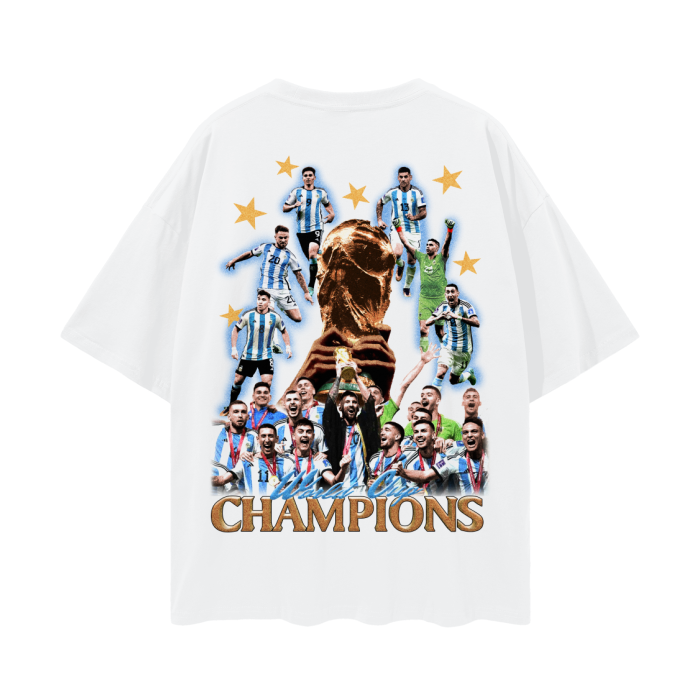 A white oversized t-shirt featuring the Argentina national soccer team celebrating their World Cup victory, with the trophy prominently displayed in the center and surrounded by gold stars