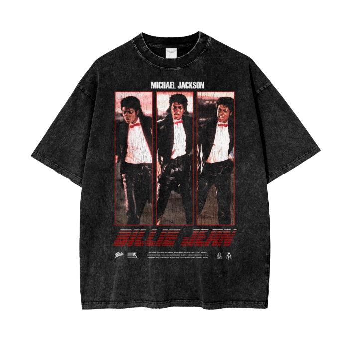 A black, vintage-style t-shirt featuring a triptych of Michael Jackson in his iconic "Billie Jean" outfit, which includes a black leather jacket, white shirt, and black pants. The three images show Michael Jackson in different poses, with a red border around each image. Above the images, the text "MICHAEL JACKSON" is written in white, and below, the text "BILLIE JEAN" appears in large, bold red letters with a distressed effect. The overall design has a retro, worn look, emphasizing the classic theme of the