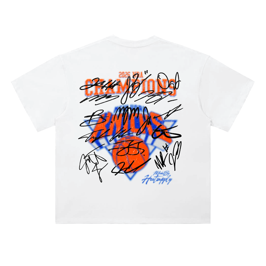 New York Knicks NBA Champions 2026 heavyweight t-shirt featuring commemorative player signature artwork and championship-themed back graphic.