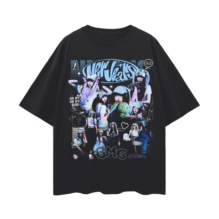A black oversized t-shirt featuring a vibrant collage of the K-pop group NewJeans. The design showcases multiple images of the group members in a playful, retro-inspired style with shades of blue and purple. The group's name, "NewJeans," is displayed prominently in graffiti-style text at the top. Additional graphic elements like stars, speech bubbles with "OMG," and cartoonish doodles surround the images, giving the shirt a dynamic and energetic vibe, perfect for fans of the group.