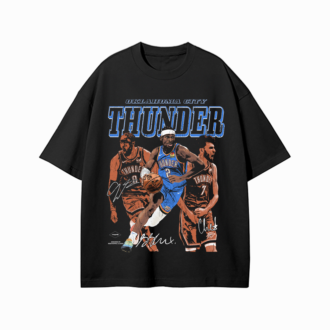 Black unisex t-shirt featuring a bold “OKLAHOMA CITY THUNDER” text, with Shai Gilgeous-Alexander dribbling in the center, flanked by Jalen Williams and Chet Holmgren, along with their printed signatures.