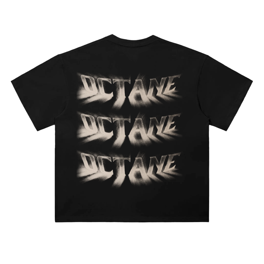 Black heavyweight oversized T-shirt with three stacked distressed “Octane” graphics in off-white spray-paint style across the back.