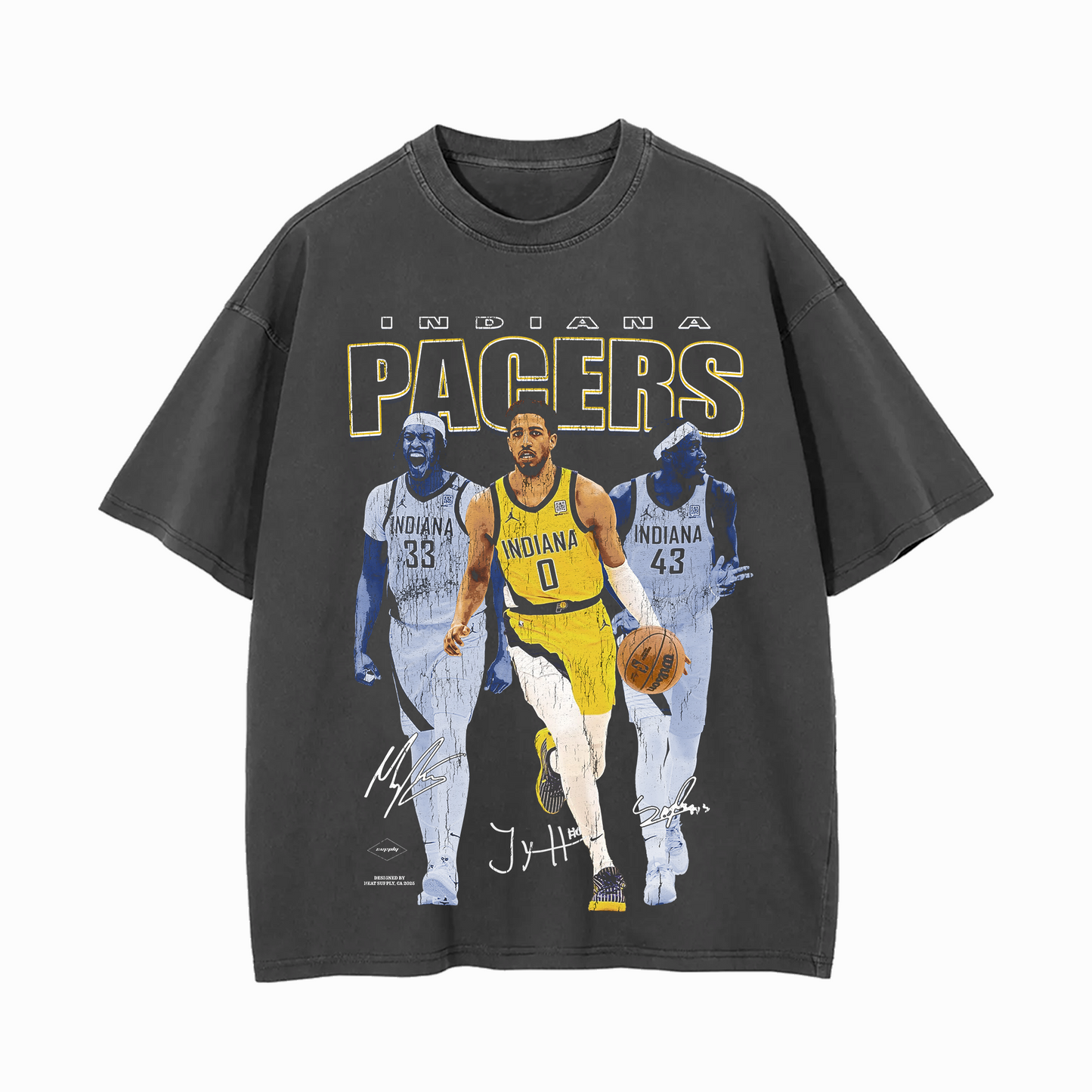 Grey unisex t-shirt featuring Tyrese Haliburton in full color dribbling a basketball, flanked by monochrome images of Myles Turner and Pascal Siakam, with bold “INDIANA PACERS” text above and player signatures below.