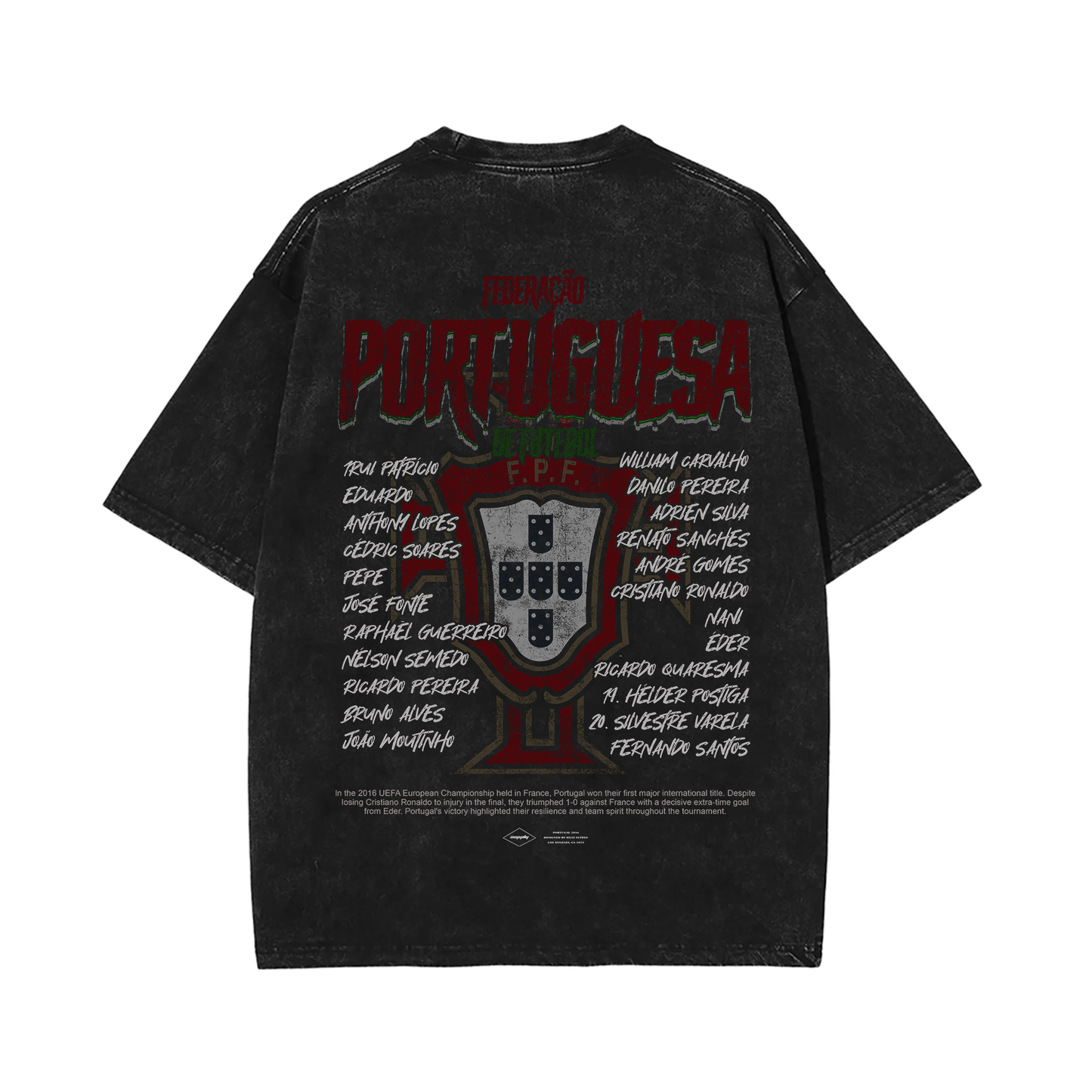 The back of the acid-washed black T-shirt showcases the crest of Portugal's soccer federation, surrounded by the names of the Euro 2016 team. The words "Federação Portuguesa" are boldly printed in red above the crest. The design has a vintage, distressed look perfect for casual streetwear.