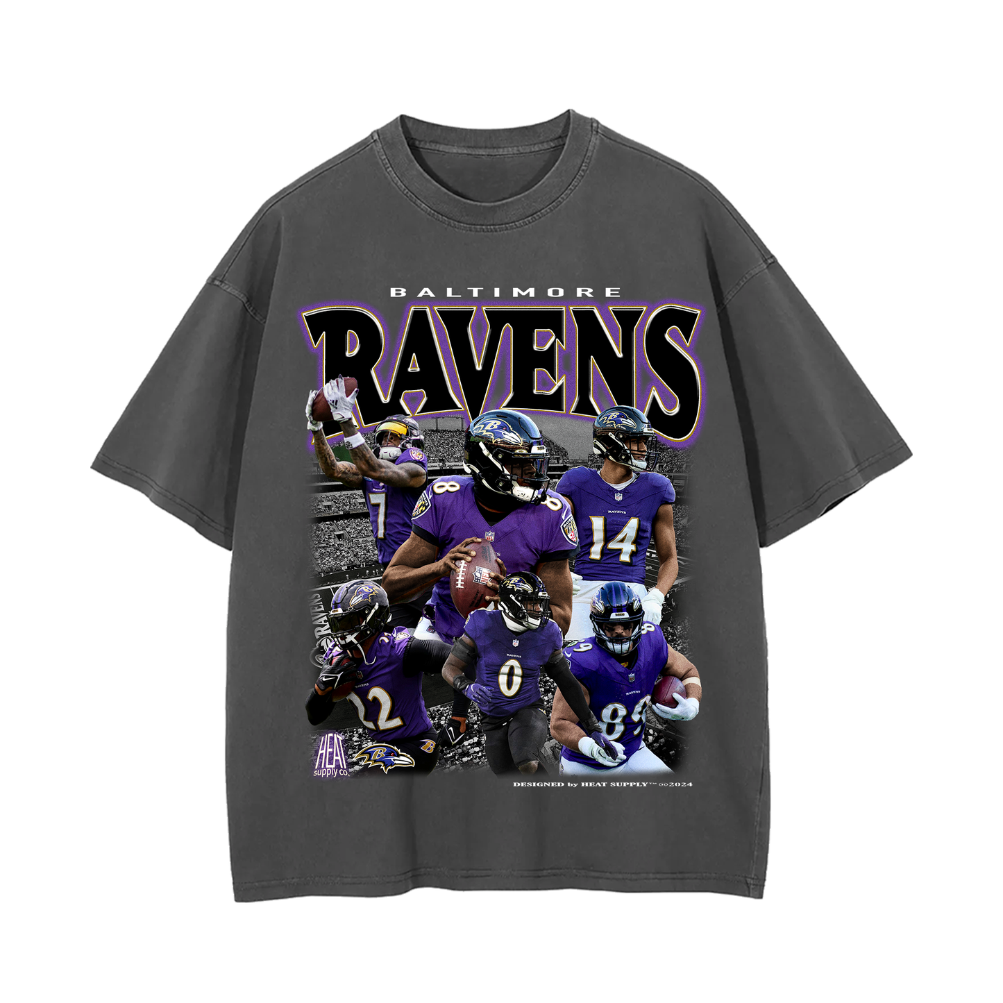 Grey heavyweight Baltimore Ravens vintage washed tee featuring bold, graphic prints of Ravens players in action. This unisex, loose-fit tee offers a drop shoulder design for a relaxed fit, perfect for casual wear while showcasing your NFL team pride.
