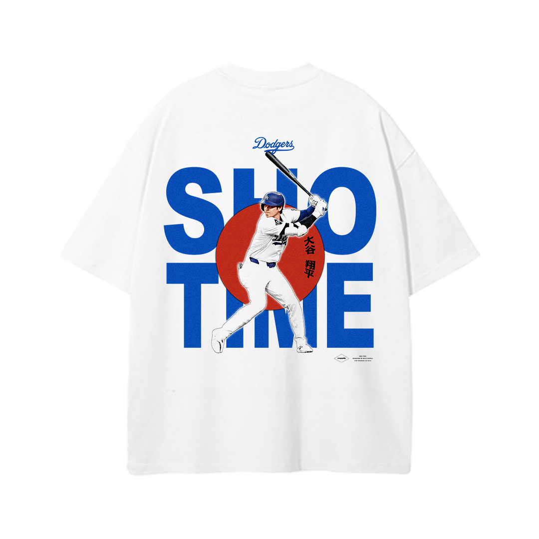 The back features Ohtani swinging a bat, with large "Sho Time" text and a red circle, giving it a striking and iconic look.