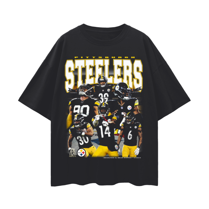 Front view of a black oversized Pittsburgh Steelers t-shirt featuring bootleg-style graphics of Steelers football players including Justin Fields and Jaylen Warren. The tee has a loose, drop shoulder fit and is designed for casual wear.