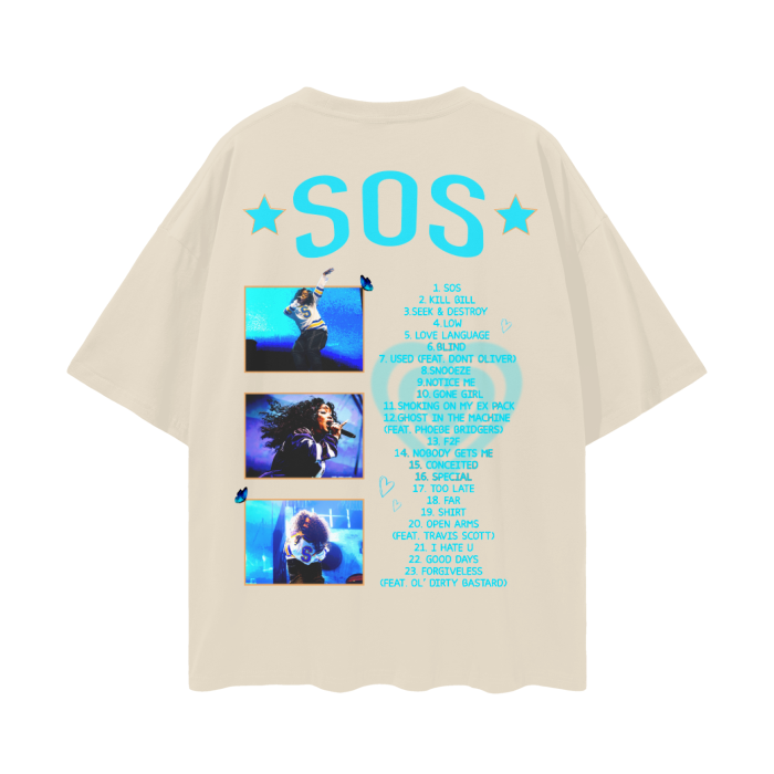 A beige oversized t-shirt featuring the tracklist from SZA's album "SOS" in bright blue text on the back. The design includes three images of SZA performing on stage, placed vertically down the middle of the shirt. The word "SOS" is written in large blue letters at the top, flanked by two stars on either side. Small blue butterflies and hearts are scattered around the images and text.