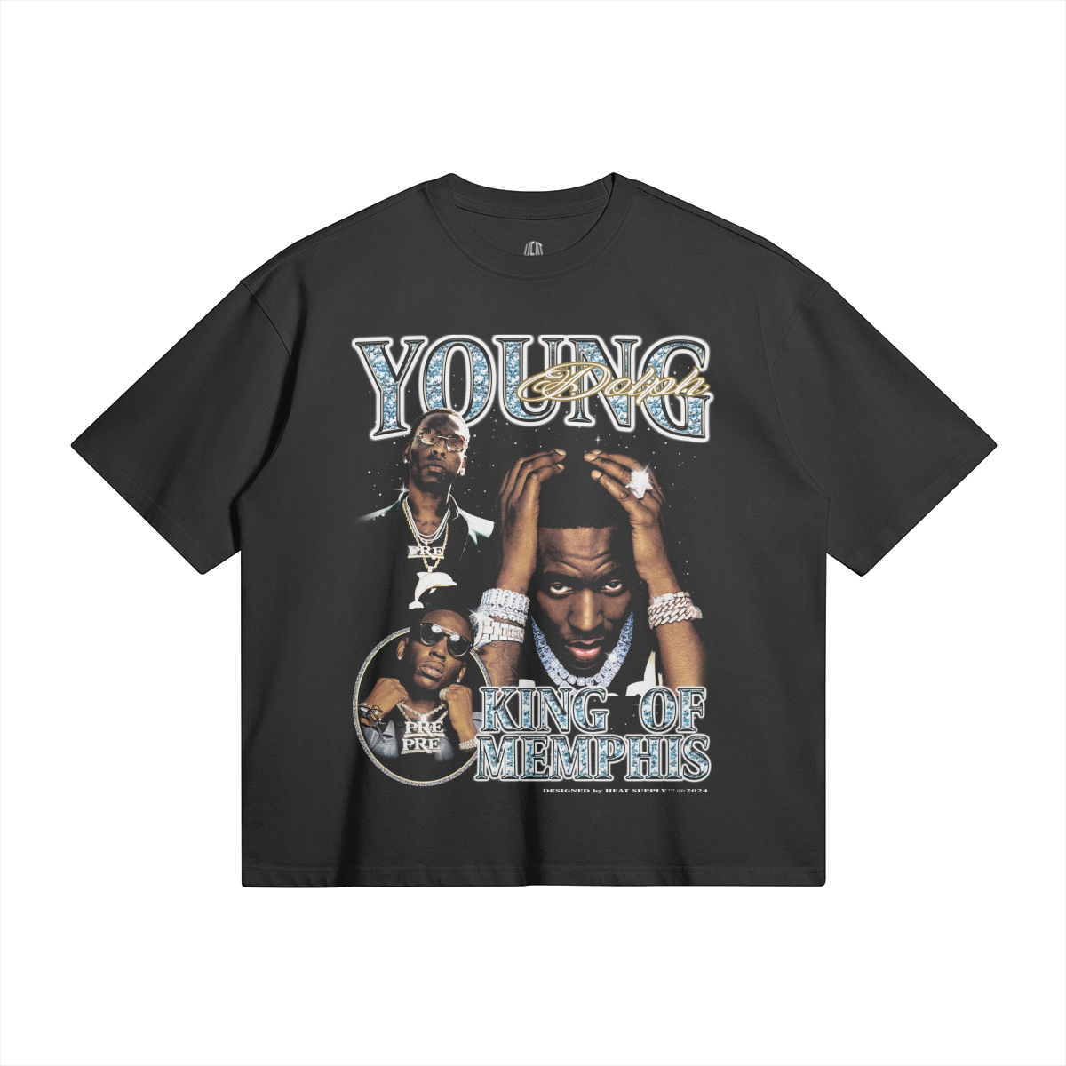 A black oversized t-shirt featuring a collage of Young Dolph, adorned with jewelry, with the text "YOUNG Dolph" at the top and "KING OF MEMPHIS" at the bottom in bold, stylized font.
