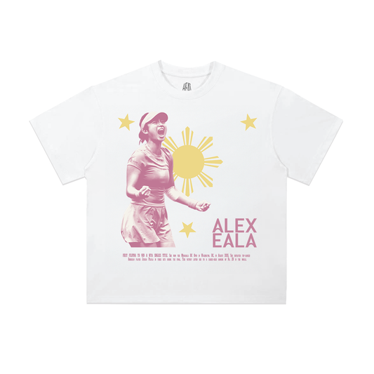 Heavyweight white cotton T-shirt featuring Alex Eala celebrating in front of the Philippine sun and stars on the front, with a bold "Be Ambitious. Dream Big." graphic across the back in pink typography, creating an inspiring Filipino tennis streetwear design.