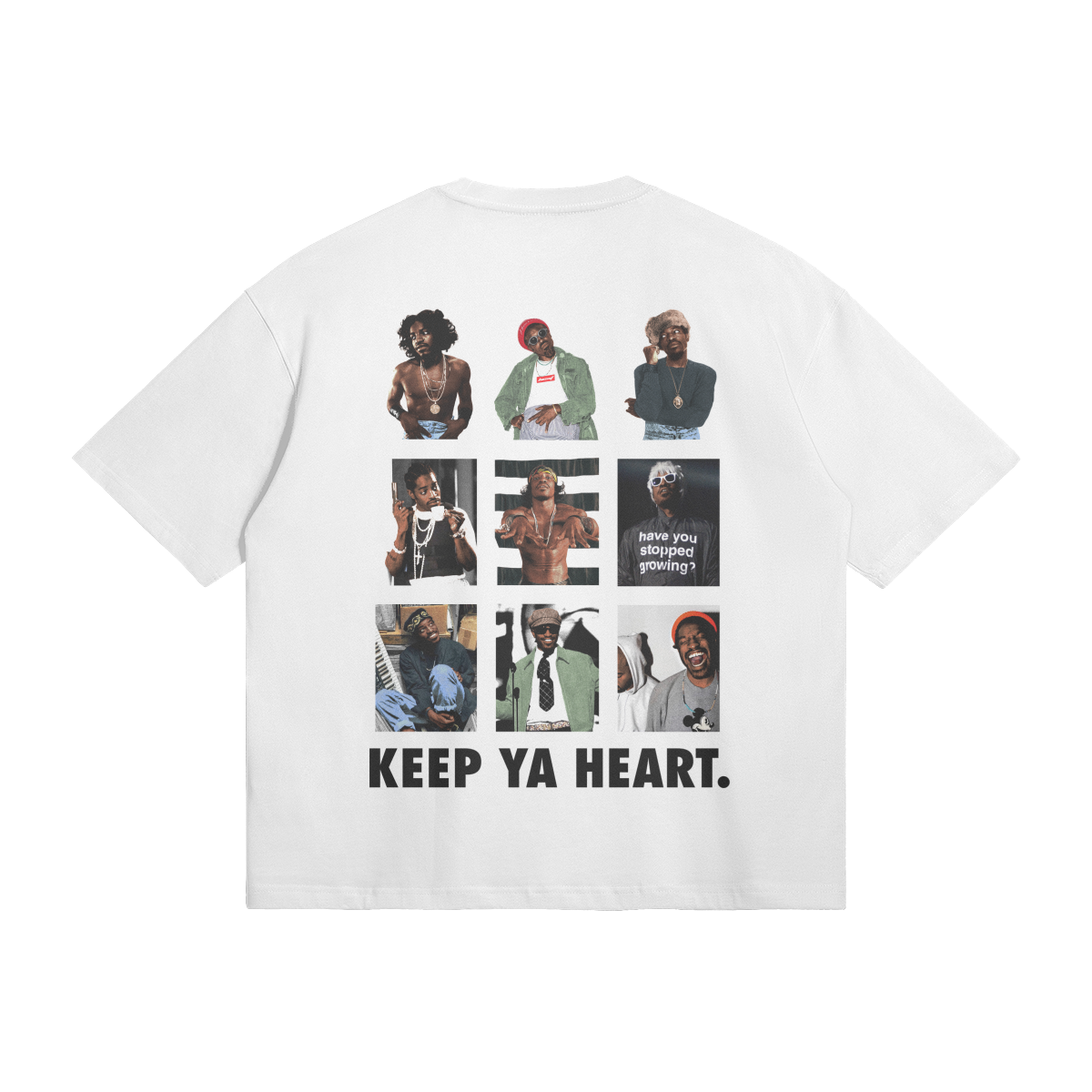 White T-Shirt with a collage of images featuring Andre 3000 in various iconic outfits and poses. The text 'KEEP YA HEART.' is displayed at the bottom, emphasizing a vintage streetwear vibe.