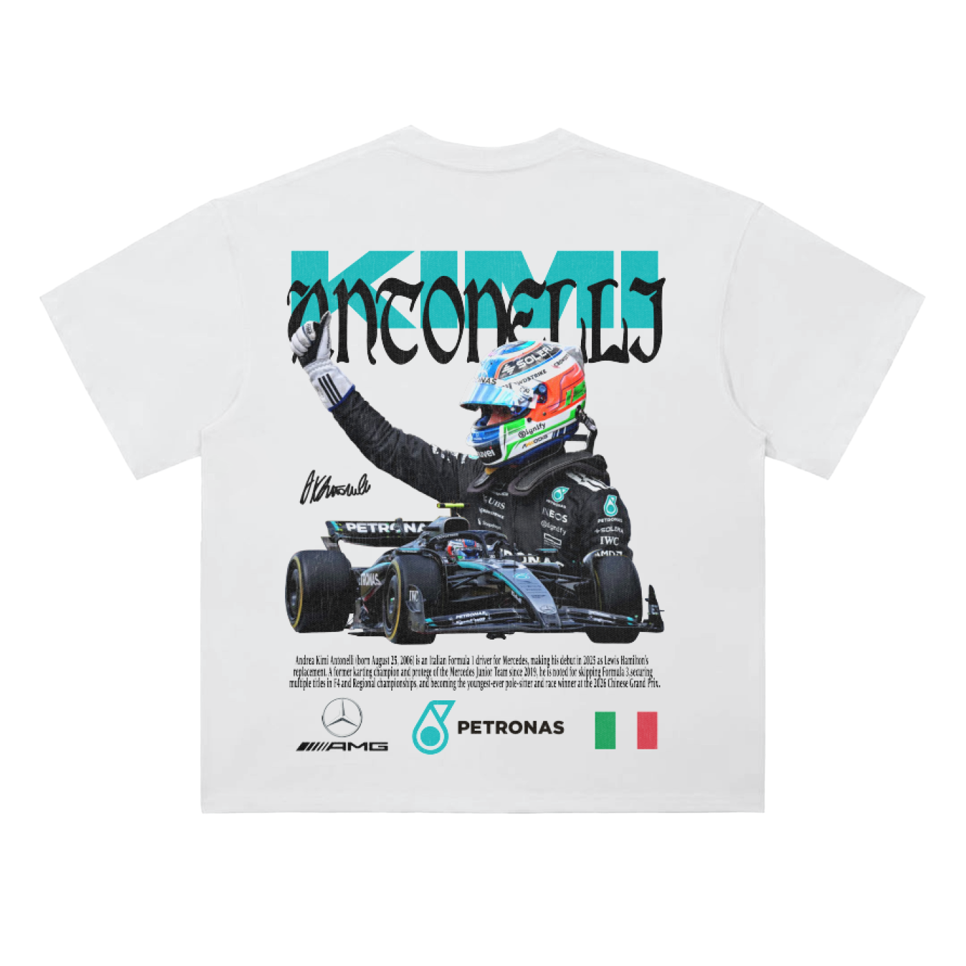 White drop-shoulder graphic tee showing Andrea Kimi Antonelli celebrating with raised arm alongside a Mercedes Formula 1 racecar and stylized “Kimi Antonelli” typography with AMG Petronas logos.