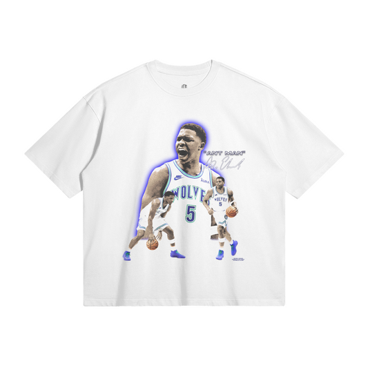 White oversized t-shirt featuring Anthony Edwards of the Minnesota Timberwolves in multiple action poses, with his nickname 'Ant Man' and a stylized signature.
