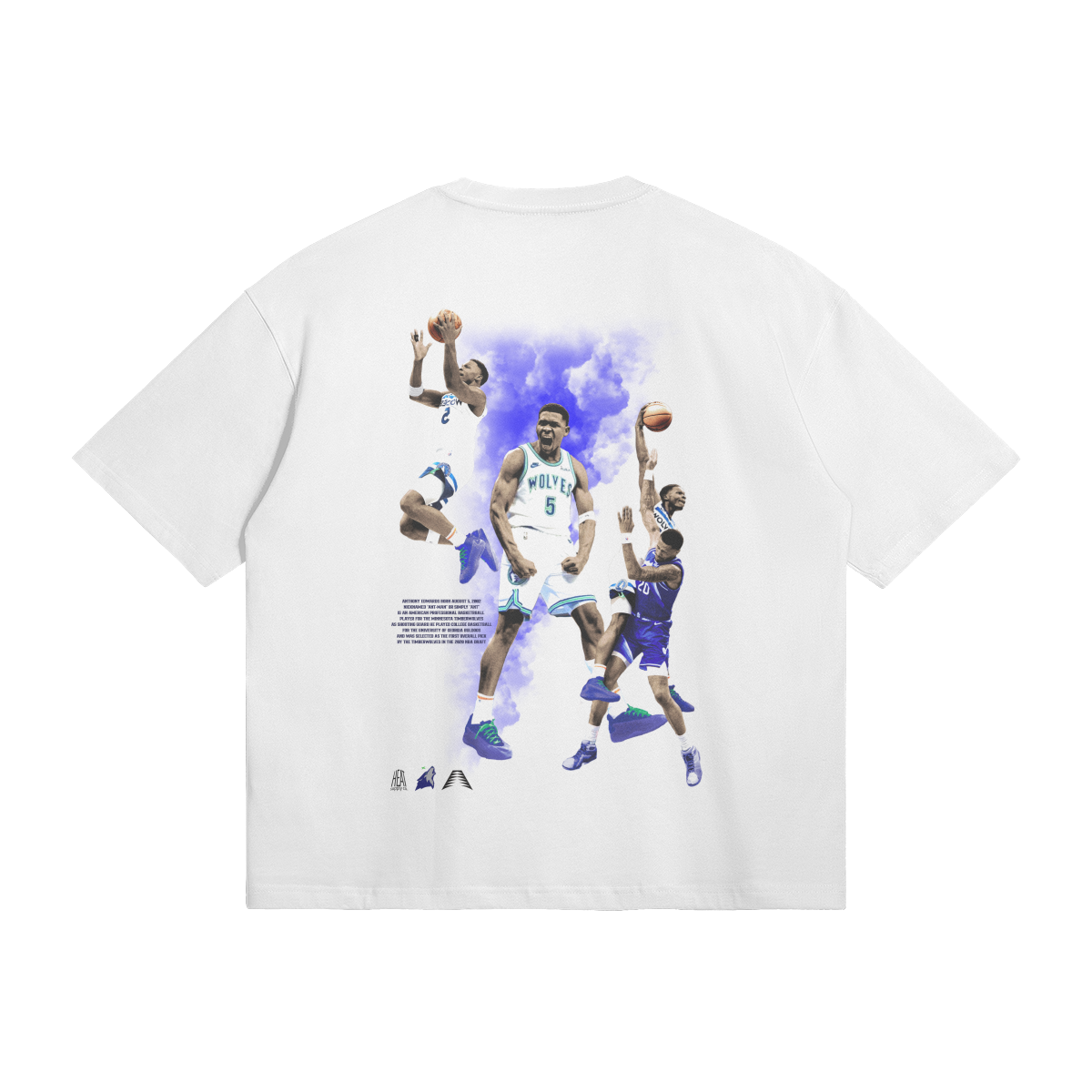 White oversized t-shirt featuring a collage of Minnesota Timberwolves' Anthony Edwards in various action shots against a blue cloud background.