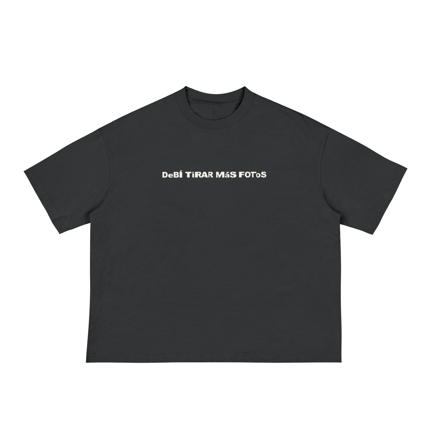Black boxy-fit T-shirt featuring a bold graphic design on the back with 'Bad Bunny' in red text and 'Debí Tirar Más Fotos' in white text, accompanied by a nature-inspired image with white plastic chairs and tropical greenery. The front of the tee displays 'Debí Tirar Más Fotos' in white text across the chest. Designed with a loose, drop-shoulder fit and half sleeves.