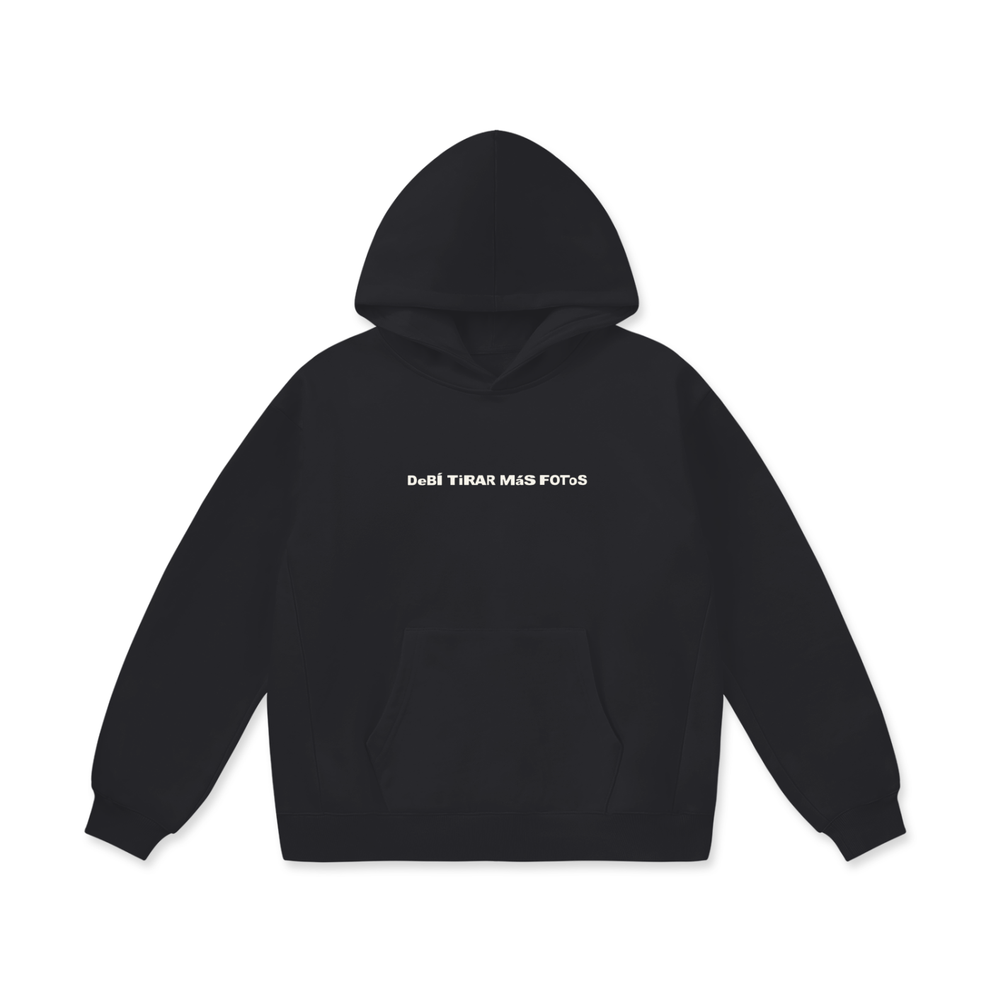 Black oversized hoodie featuring a bold graphic design on the back with 'Bad Bunny' in red text and 'Debí Tirar Más Fotos' in white text, accompanied by a nature-inspired image with white plastic chairs and tropical greenery. The front of the tee displays 'Debí Tirar Más Fotos' in white text across the chest. 