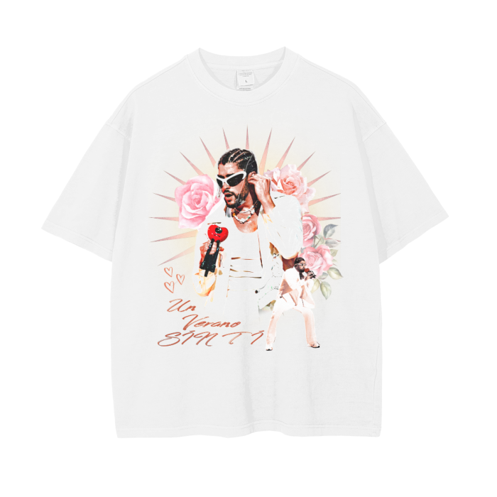 White t-shirt featuring Bad Bunny holding a microphone, with a floral background and the text 'Un Verano Sin Ti' in stylized font.