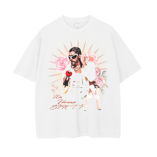 White t-shirt featuring Bad Bunny holding a microphone, with a floral background and the text 'Un Verano Sin Ti' in stylized font.