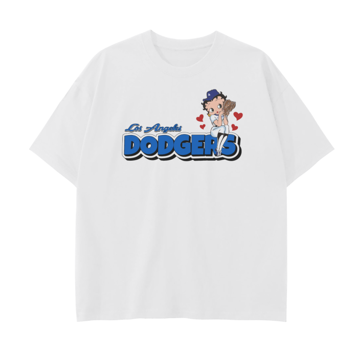 Front view of a white, loose-fitting Betty Boop Dodgers baseball tee featuring Betty Boop in a Dodgers uniform surrounded by baseballs and hearts.