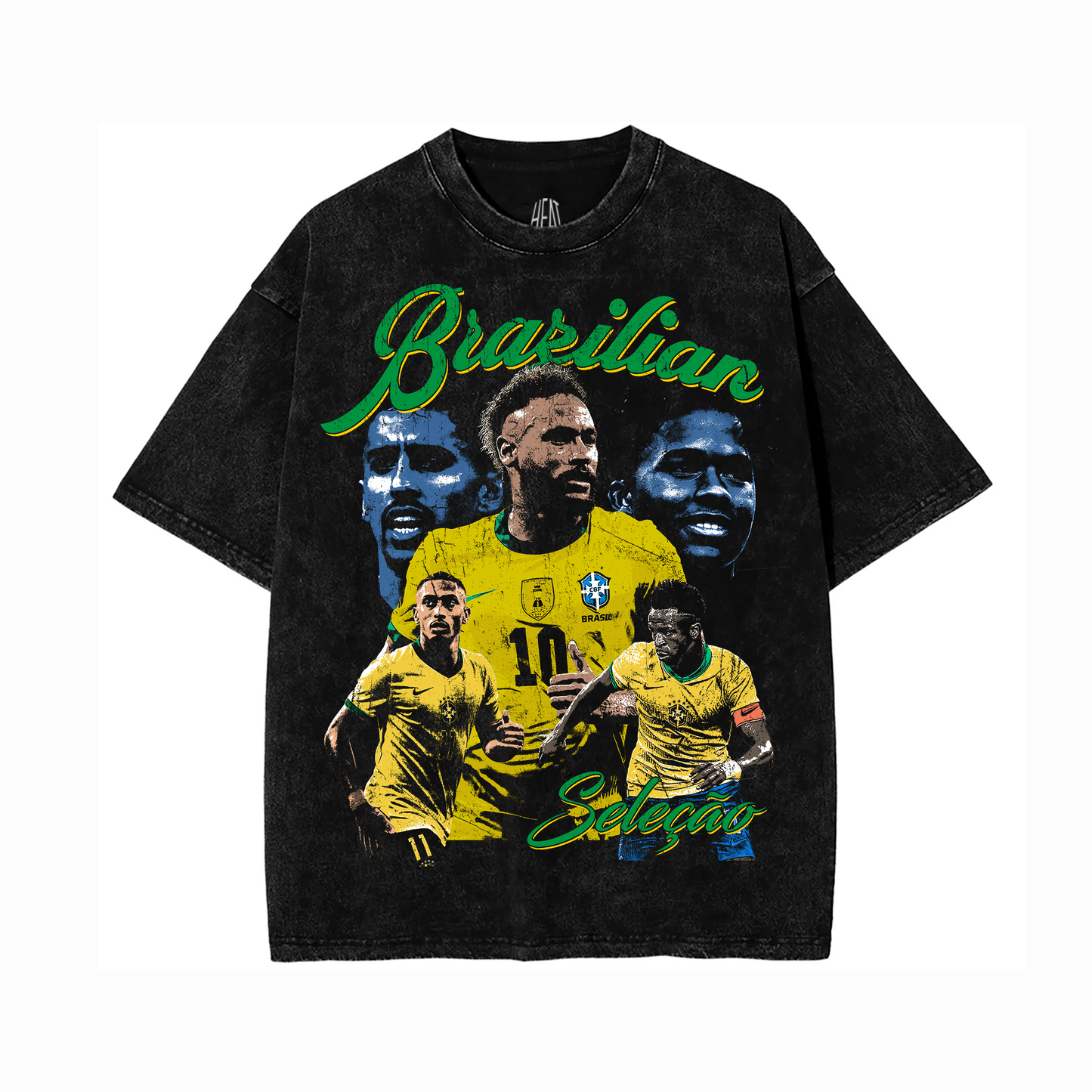 Black acid wash oversized Brazil soccer graphic tee featuring vintage Seleção artwork with multiple Brazil national team player graphics and bold green-and-yellow Brazil typography inspired by classic World Cup culture.