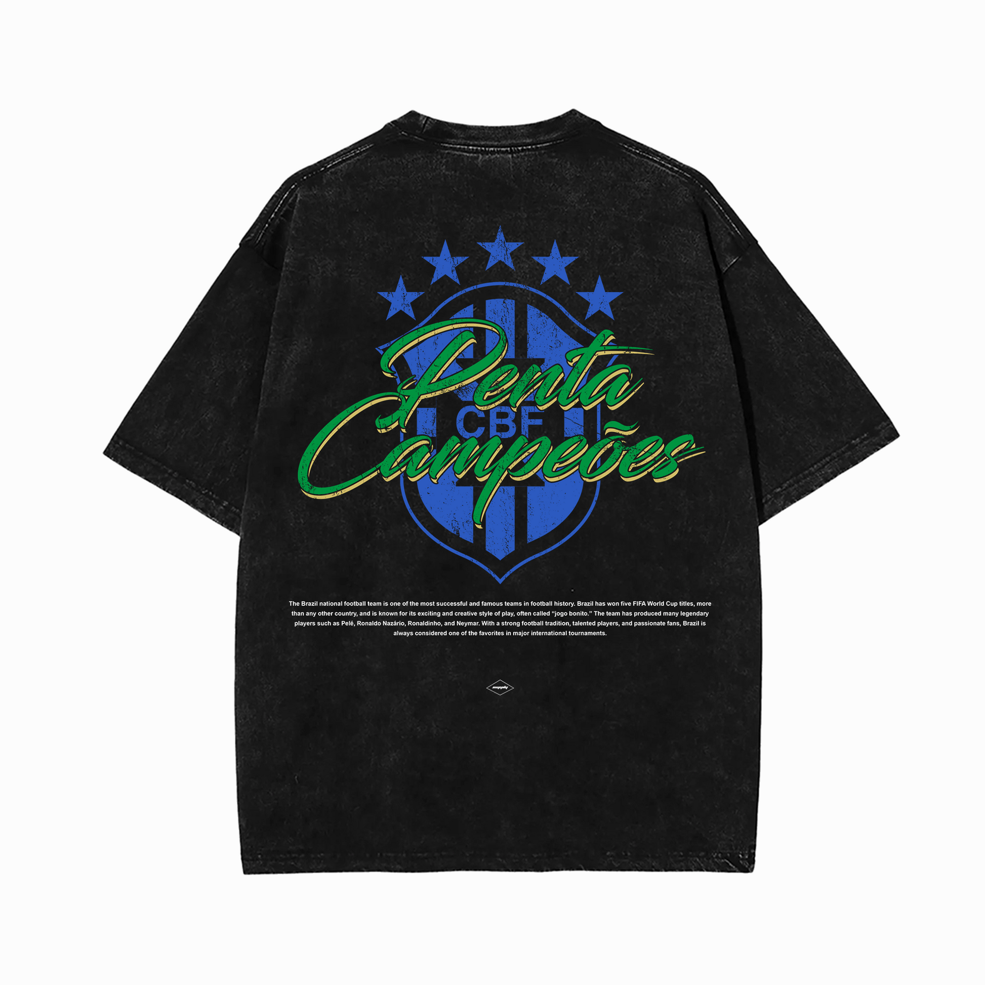Black heavyweight acid washed Brazil football t-shirt featuring “Penta Campeões” script typography layered over a retro Brazil crest graphic with blue stars and vintage Seleção inspired artwork on the back.