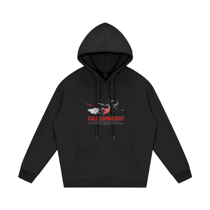 A black hoodie featuring a detailed print of Dale Earnhardt in his racing helmet, with "Dale Earnhardt" in bold red letters and other racing motifs in a distressed design.