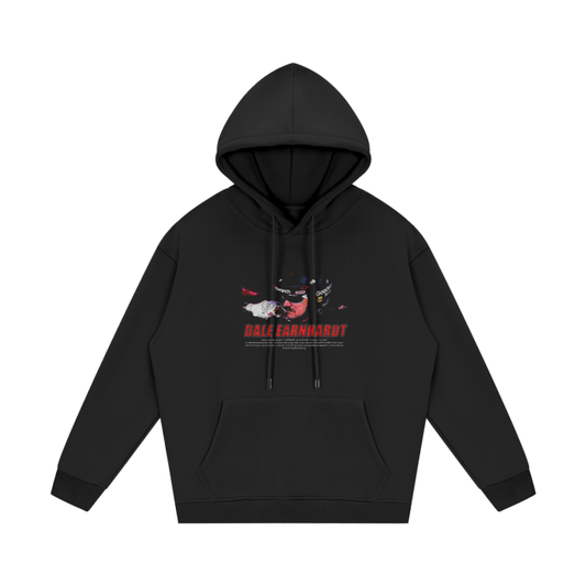 A black hoodie featuring a detailed print of Dale Earnhardt in his racing helmet, with "Dale Earnhardt" in bold red letters and other racing motifs in a distressed design.