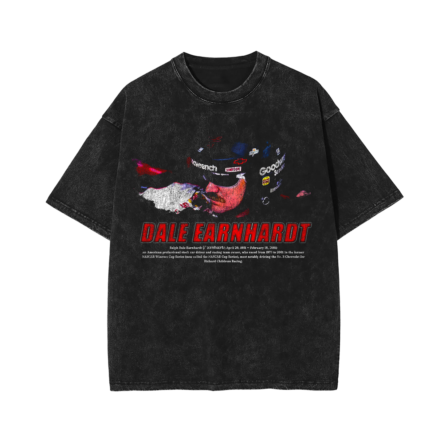 A vintage black-washed t-shirt featuring a detailed print of Dale Earnhardt in his racing helmet, with "Dale Earnhardt" in bold red letters and other racing motifs in a distressed design.