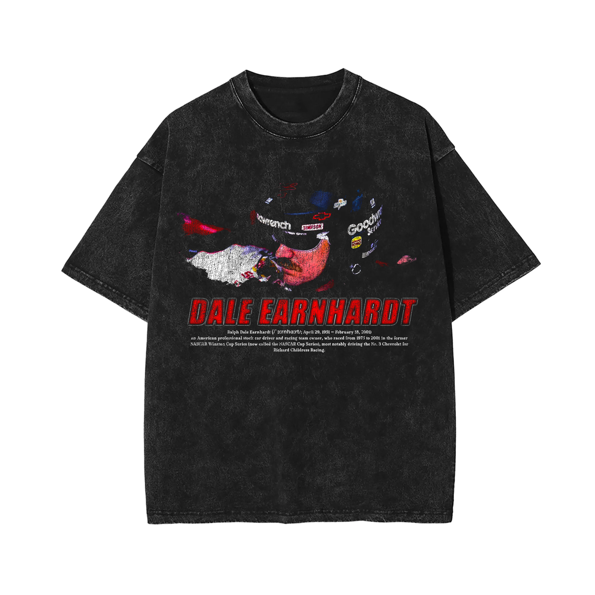 A vintage black-washed t-shirt featuring a detailed print of Dale Earnhardt in his racing helmet, with "Dale Earnhardt" in bold red letters and other racing motifs in a distressed design.