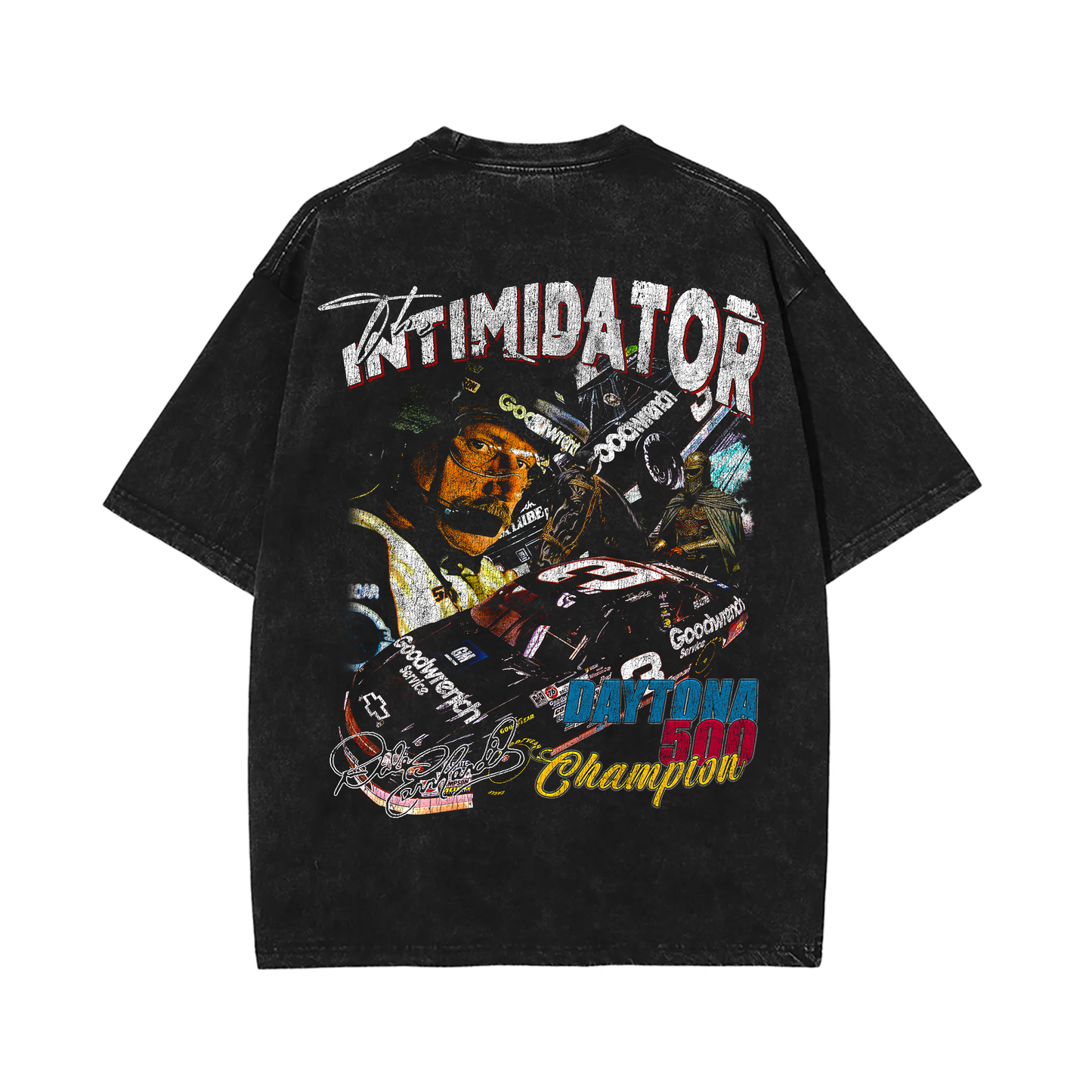 The back of the black-washed t-shirt showcases another graphic of Dale Earnhardt, with "Intimidator" in large bold text and a vibrant image of his racing car, emphasizing the iconic Daytona 500 Champion win.