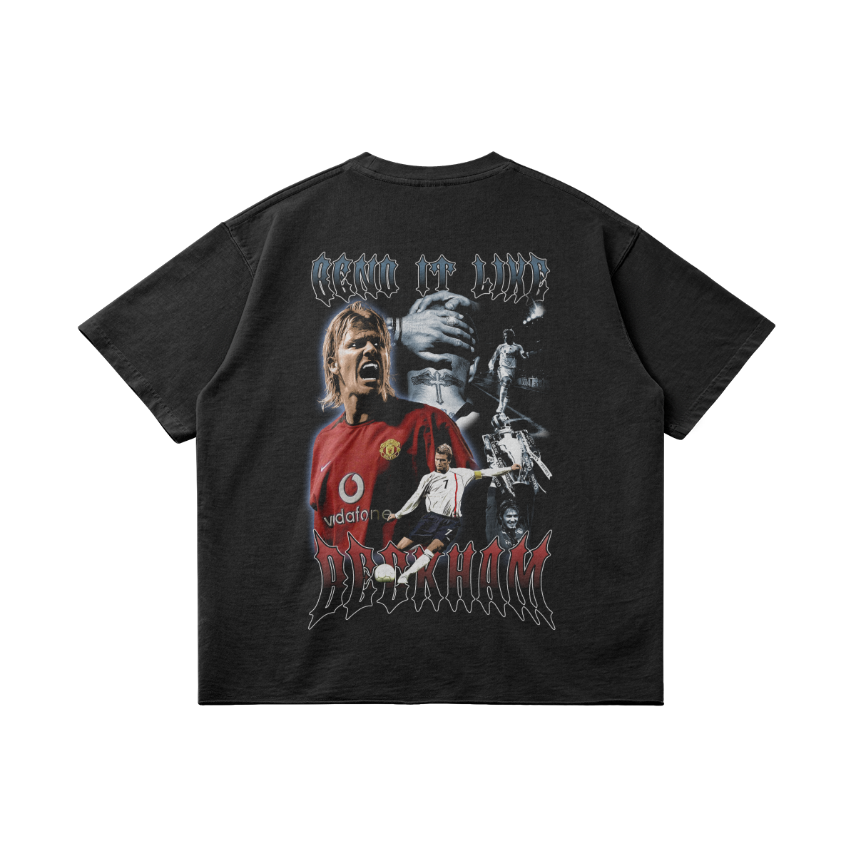 A black oversized T-shirt featuring a collage of David Beckham in various action poses from his football career, with the text "Bend It Like Beckham" in gothic-style font.