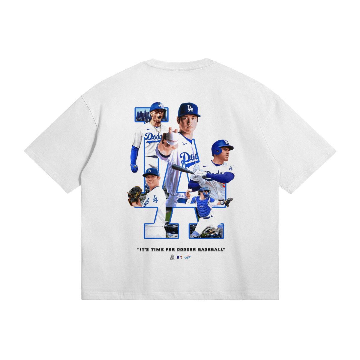 An oversized white t-shirt featuring a collage of Los Angeles Dodgers players within a large "LA" logo. The design includes images of players in various action poses, with the slogan "It's time for Dodger Baseball" displayed below.