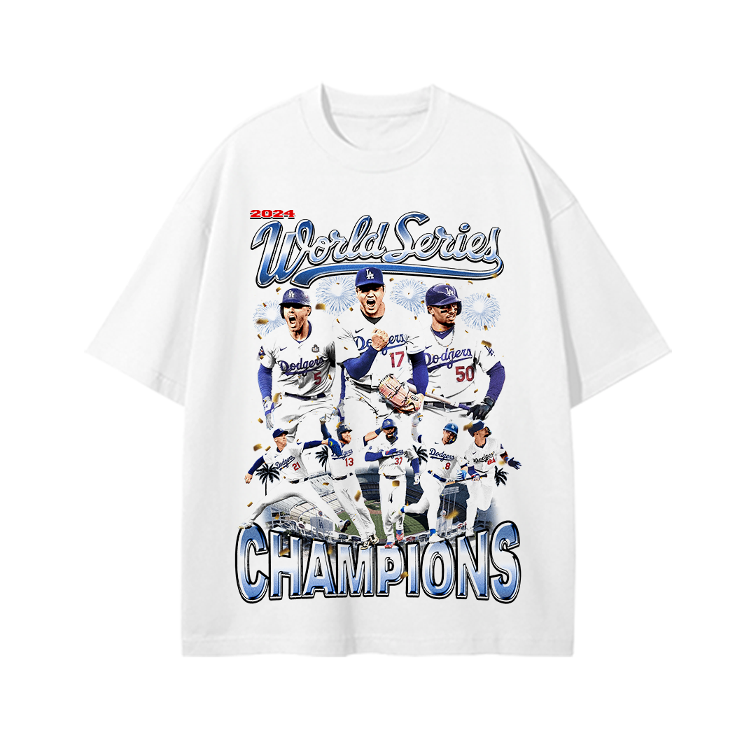 Front view of an oversized Dodgers 2024 World Series Champions tee featuring key Dodgers players celebrating on a white background with vibrant “World Series Champions” text.