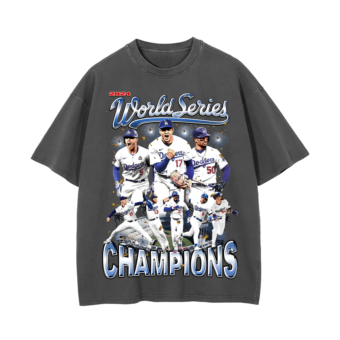 Front view of an oversized Dodgers 2024 World Series Champions tee featuring key Dodgers players celebrating on a white background with vibrant “World Series Champions” text.