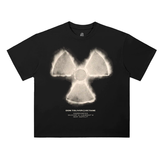 Black oversized drop shoulder T-shirt featuring a bold off-white radiation symbol graphic with “Don Toliver Octane” text and coordinates printed beneath on the chest.